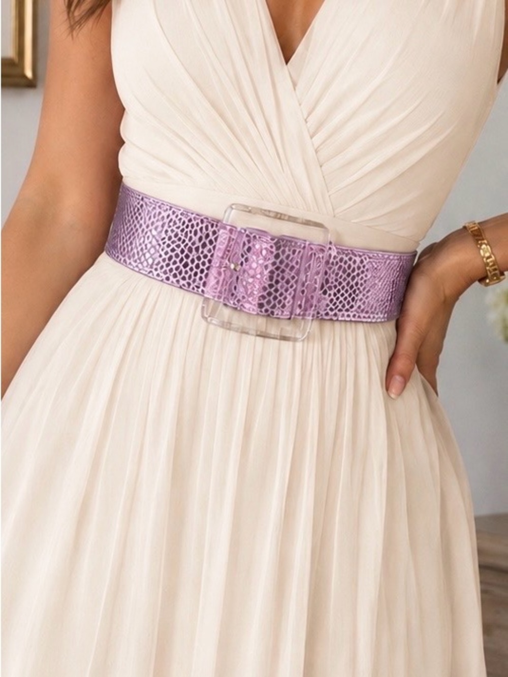 Veronica Beard Lilac leather Faux-Snakeskin Wide Waist Belt with Clear Buckle